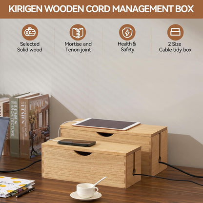 KIRIGEN Wooden Cable Management Box Set of 2, Cord Organizer, Natural