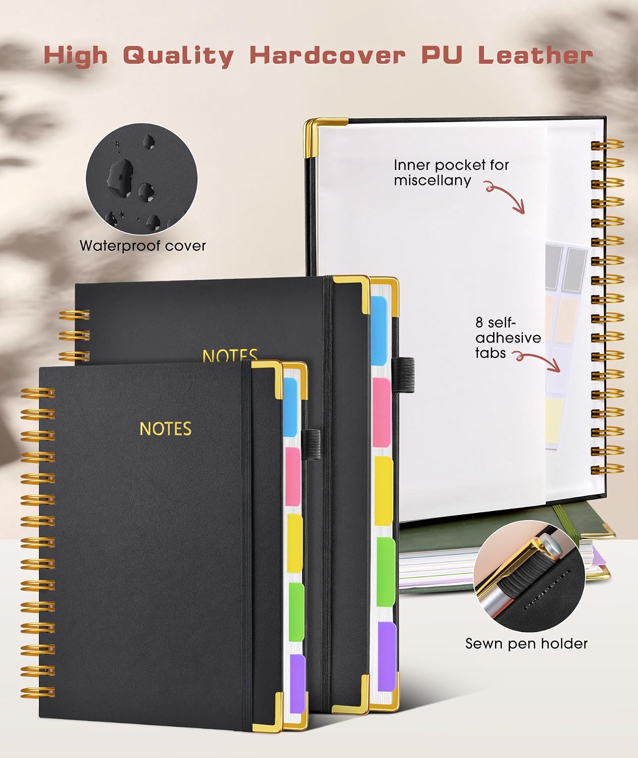 Hardcover Spiral Notebook journal with Removable Dividers Tabs, 300 Pages Leather 5 Subject Notebook College Ruled, 8"x10" Large B5 Notebooks for Work School Note taking, Lined Journal for Women,Black
