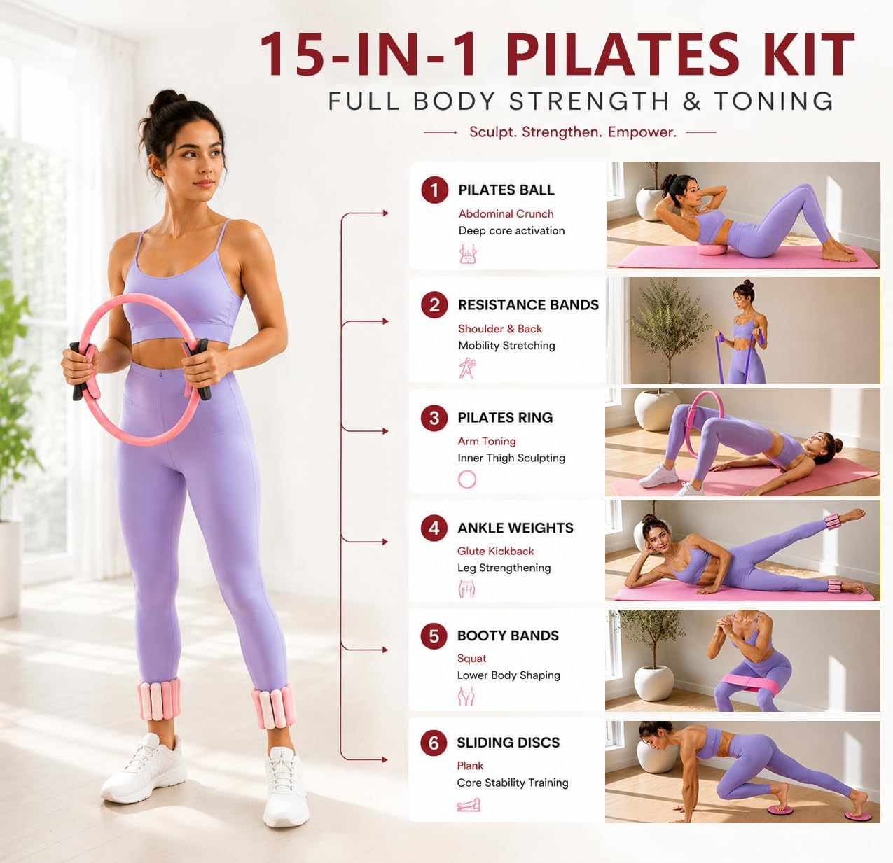 Chobokiang Pilates Kit for Women, Home Workout Equipment Set with Ring, Ball, Resistance Bands, Core Sliders & Ankle/Wrist Weights, Pilates Essentials Kit for Full Body Sculpt, Fat Burn & Beginners