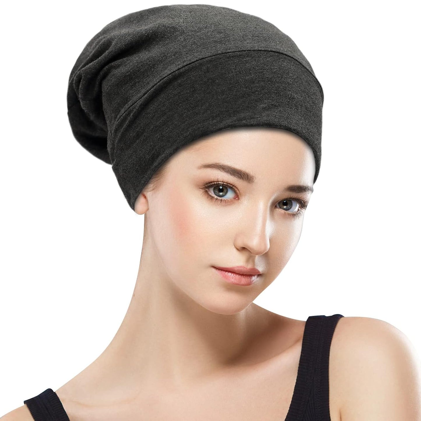 Silk Satin Lined Bonnet Sleep Cap - Adjustable Stay on All Night Hair Wrap Cover Slouchy Beanie for Curly Protection Women and Men Solid Black
