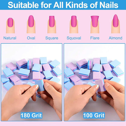 CGBE Nail Buffer (50 Pack), Buffer Block Nail File 100/180 Grit, Mini Nail Buffers Block Sponge Double Sided Nail File for Acrylic Nails Manicure Tools (Pink-Purple)