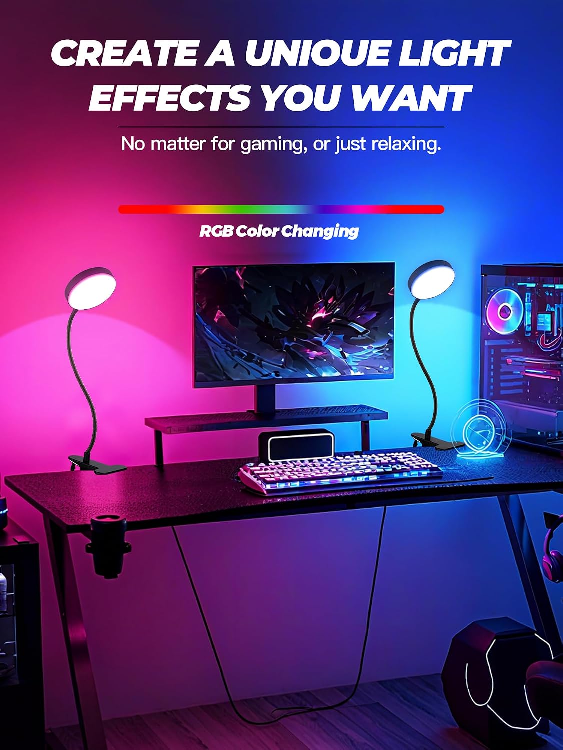 Clip on Light,10 RGB Colors+10 Brightness Small Desk Lamp with Clamp Light