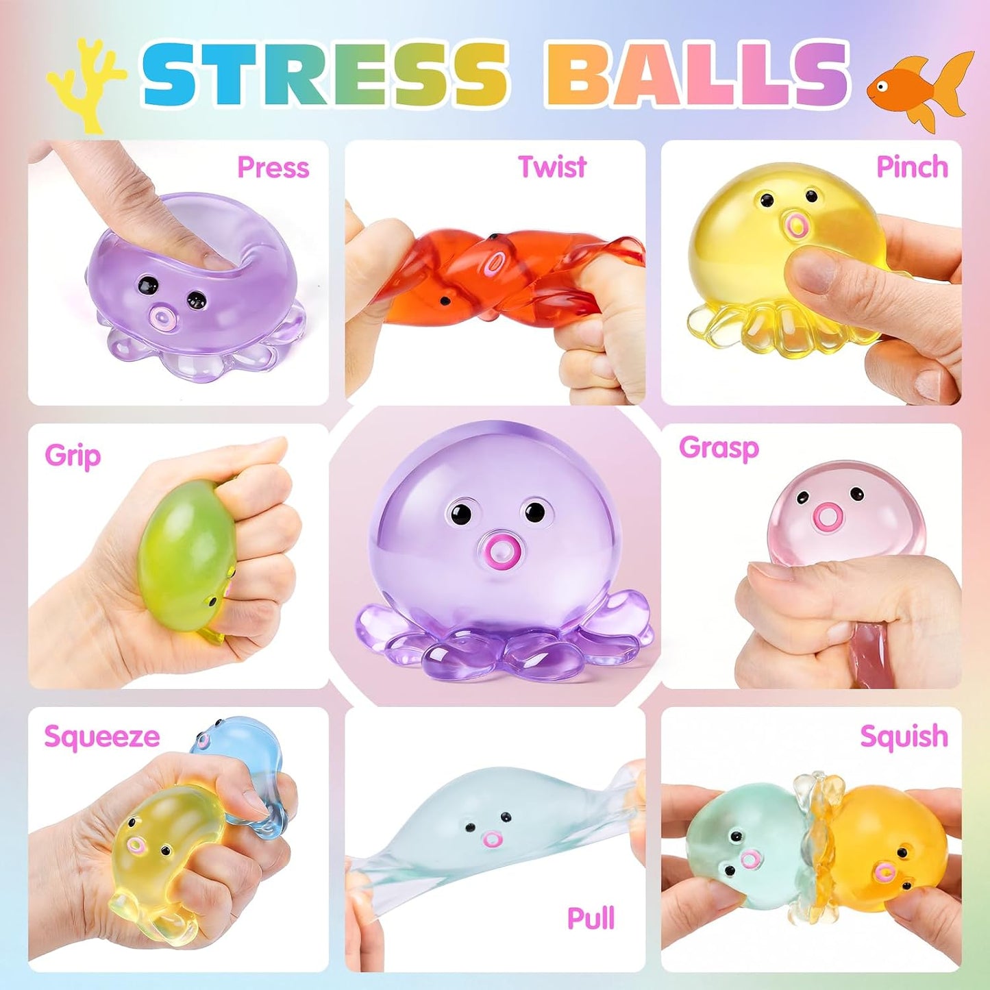 VISCOO 16 Pack Octopus Stress Balls for Adults Kids, Taba Squishy for Anxiety Stress Relief, Squeeze Ball for Party Favors/Slow Rising Squishy for Classroom Prize Birthday