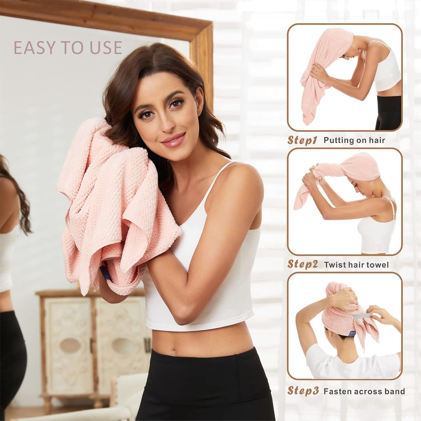 Large Microfiber Hair Towel Wrap for Women, Anti Frizz Drying Towel, Fast Dry Turban Wet Hair, Long, Thick, Curly Super Absorbent Soft Towels - White