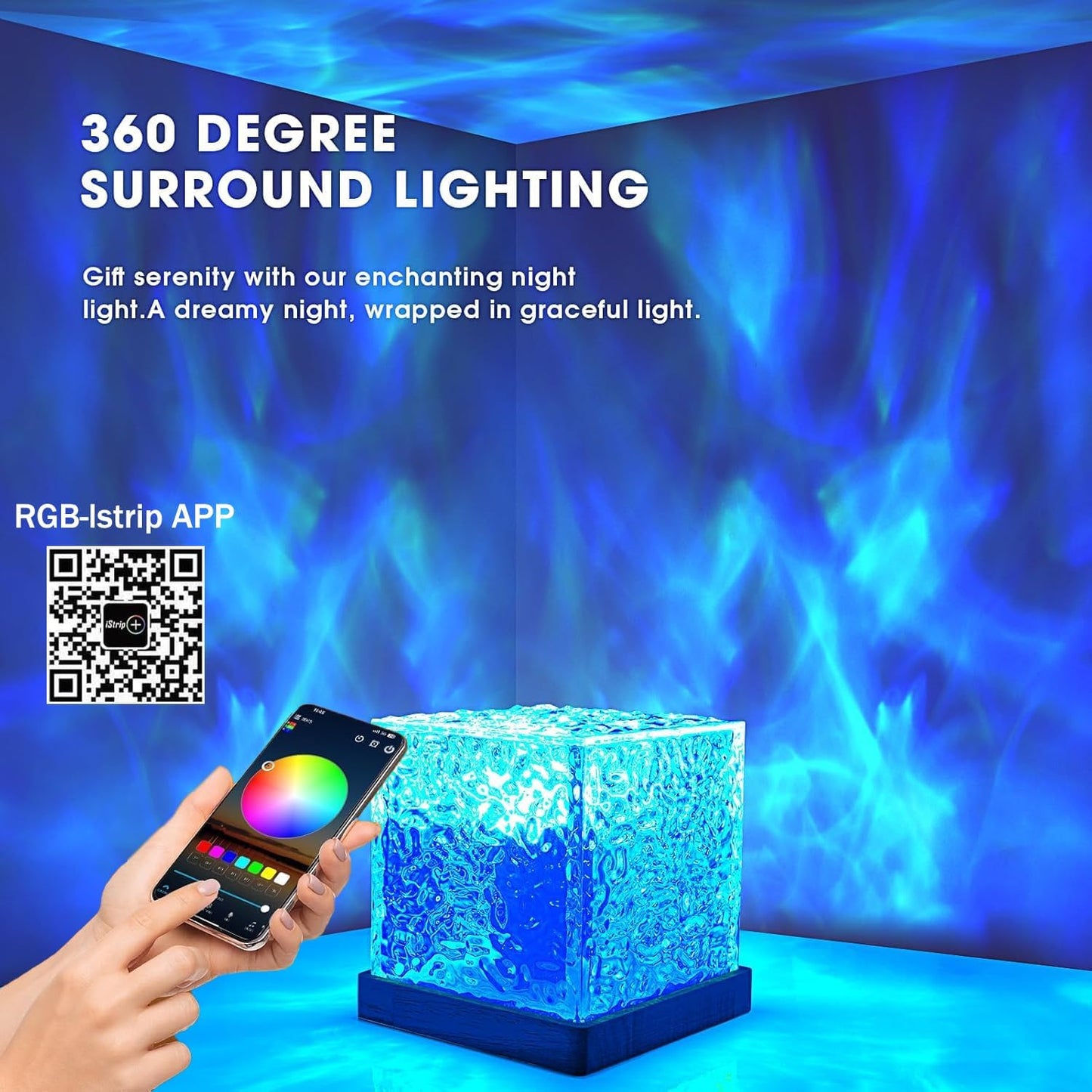 Ocean Wave Projector Light, 16-Color Luminorthe Cube Lamp and App Remote, 3D Holographic Water Ripple Romantic Ambient Lighting for Child's Room, Party, Night Light-4.4inch (Blue)