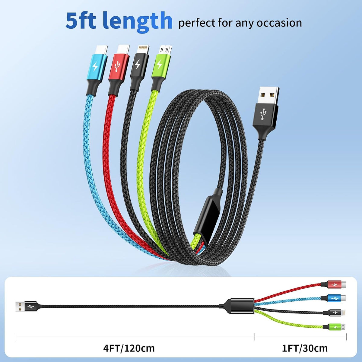 4 in 1 Multi Charging Cable, 5FT Charging Cords for Multiple Devices