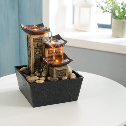 GOSSI Indoor Waterfall Fountain, 10.3" Tabletop Water Fountain with LED Lights & River Rocks, Relaxing Home Office Decor