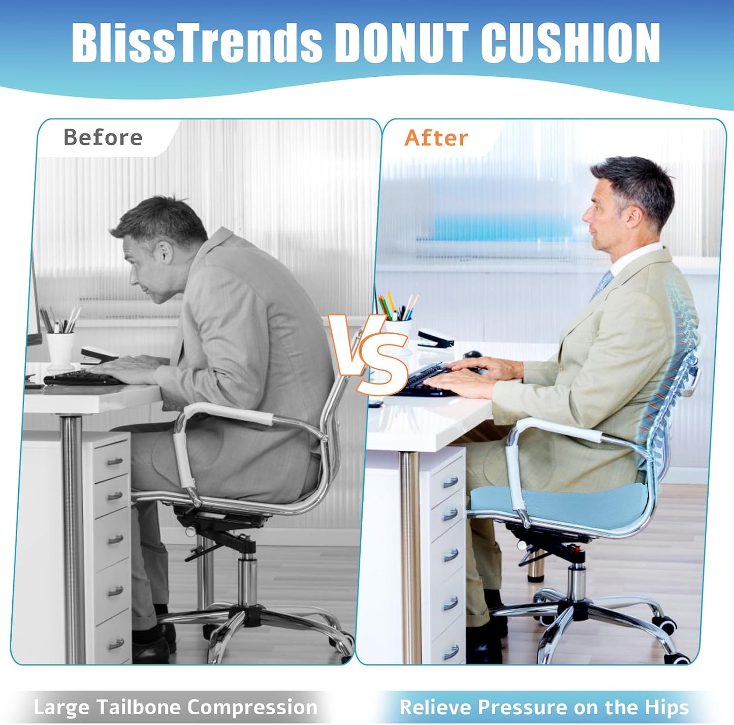 BlissTrends Donut Pillow Seat Cushion,Donut Chair Cushions for Postpartum Pregnancy & Hemorrhoids,Tailbone Pain Relief Cushion,Memory Foam Lifting Cushions for Office&Home Chairs (Black)
