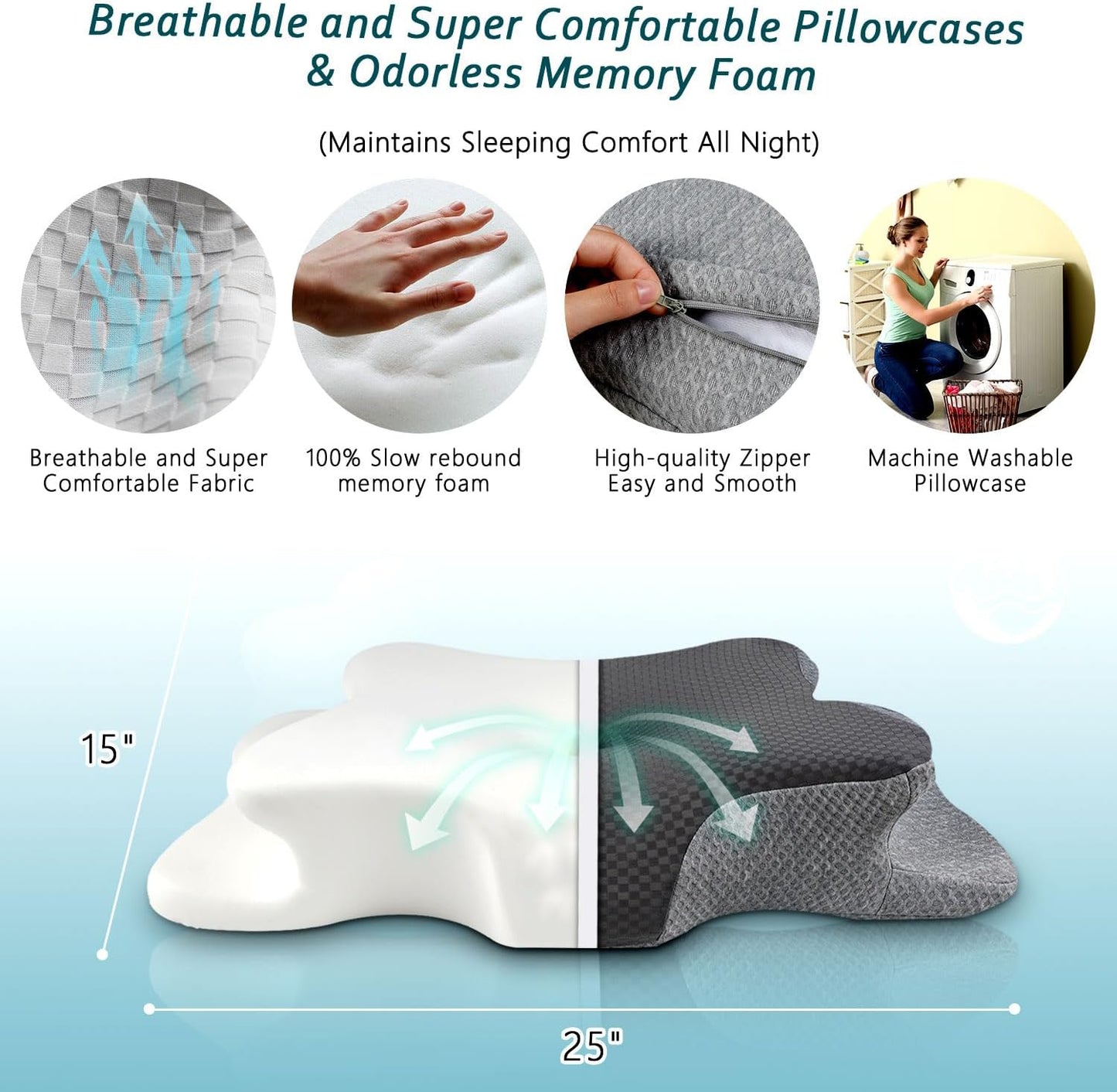 CHxxy Cervical Neck Pillow for Pain Relief Sleeping, Memory Foam Pillows, Ergonomic Side Sleeper Pillows, Cooling Orthopedic Neck Support Pillow for Back Stomach Sleepers-Queen Size Grey&Grey