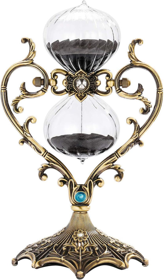 SuLiao Hourglass Timer 30 Minute Sand Timer, Antique Engraved Brass Sand Clock, Rotating Black Sand Watch 30 Min, Vintage Metal Reloj De Arena, Unique Glass Sandglass for Home, Desk, Office Decorative