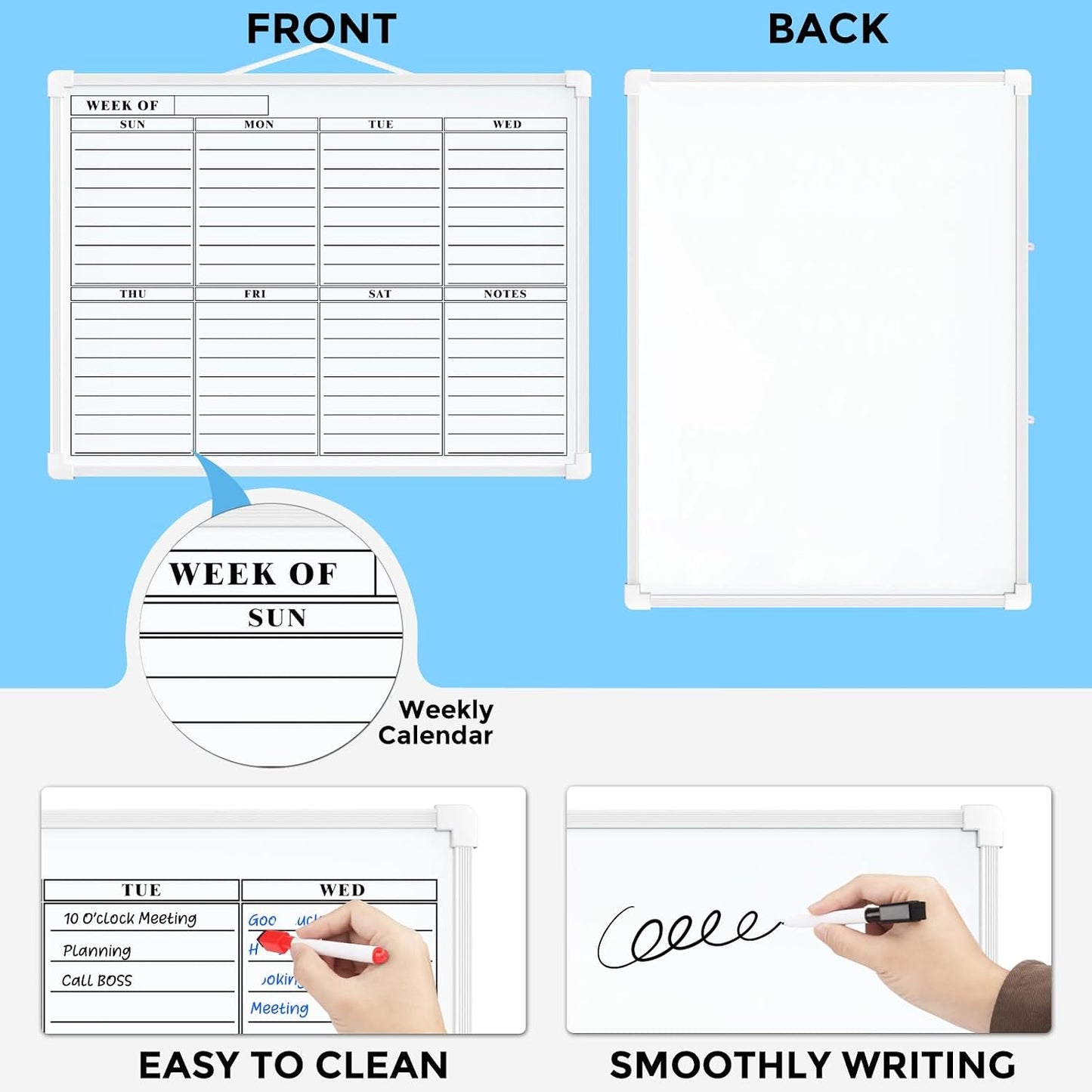 MaxGear Monthly Calendar Dry Erase Board for Wall, 16"x12", White Frame | Double-Sided, Hanging Small White Board, Portable Whiteboard for Planning, Drawing, Memo, to Do List, Home, Kitchen, Office