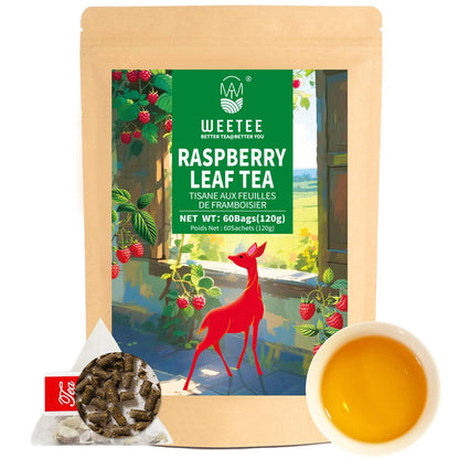 WT WEETEE Red Raspberry Leaf Tea Bags, 60 Count Corn Fibre, Caffeine-Free