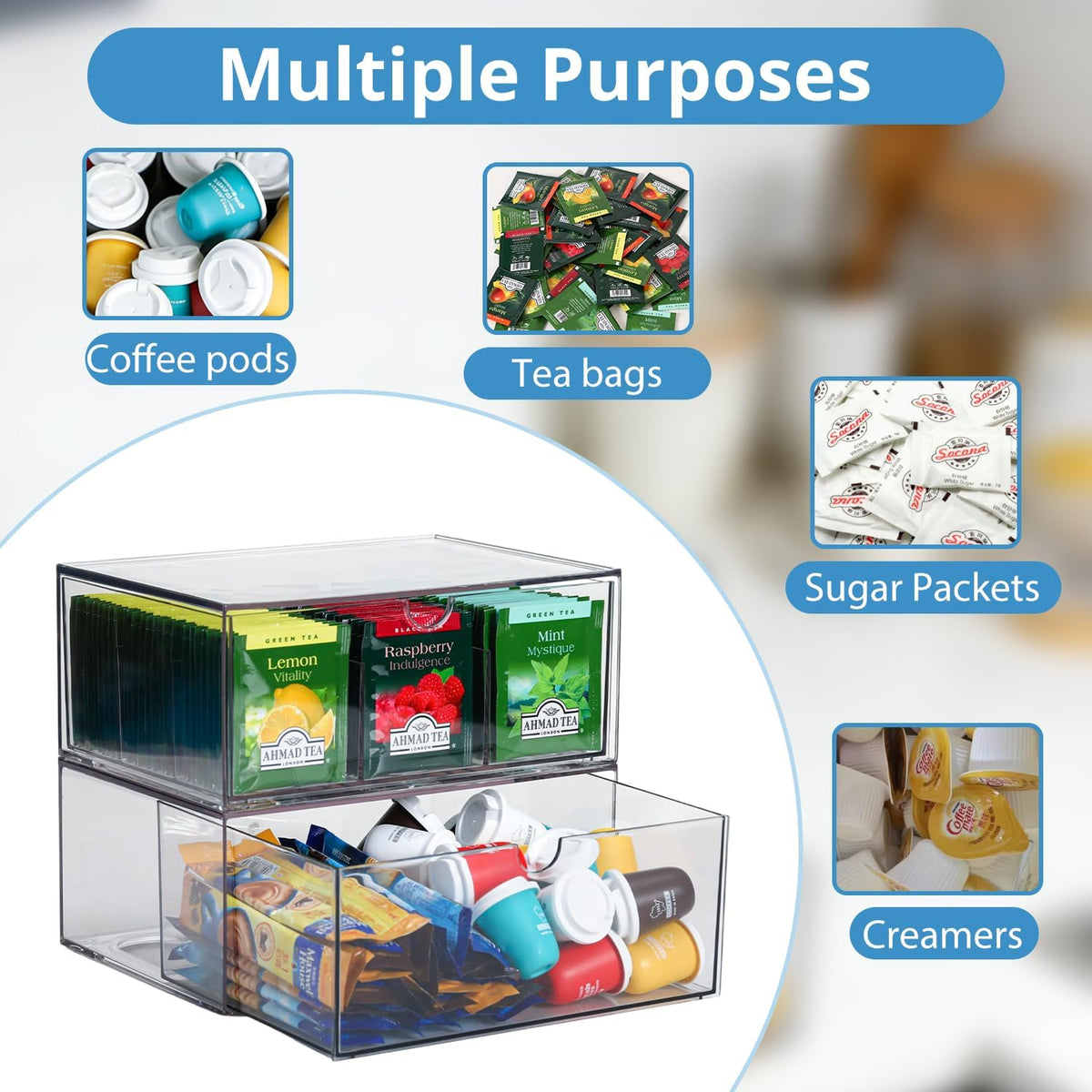 CLUQMEIK 2 Large Acrylic Tea Bag Organizer, 9 Grids Tea Organizers and Storage with Acrylic Drawers Stackable, Teabag Holder Organizer for Counter Countertop Kitchen Cabinet