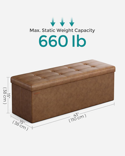 SONGMICS MAZIE Collection - 43 Inches Folding Storage Ottoman Bench, Ottoman with Storage, Foot Rest Stool, Load 660 lb, for Living Room, Synthetic Leather, Black ULSF701