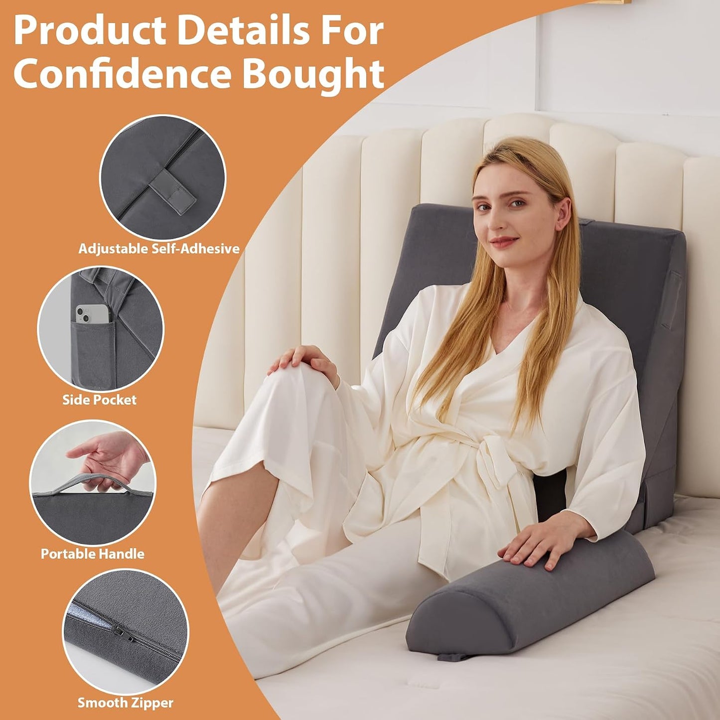 BIEEZZK Wedge Pillow Set for After Surgery, Wedge Pillow for Acid Reflux, Bed Wedge Pillow with Adjustable 9&12inch for Headboard,Sleeping, Orthopedic Memory Foam for Neck&Back Support, White/Grey