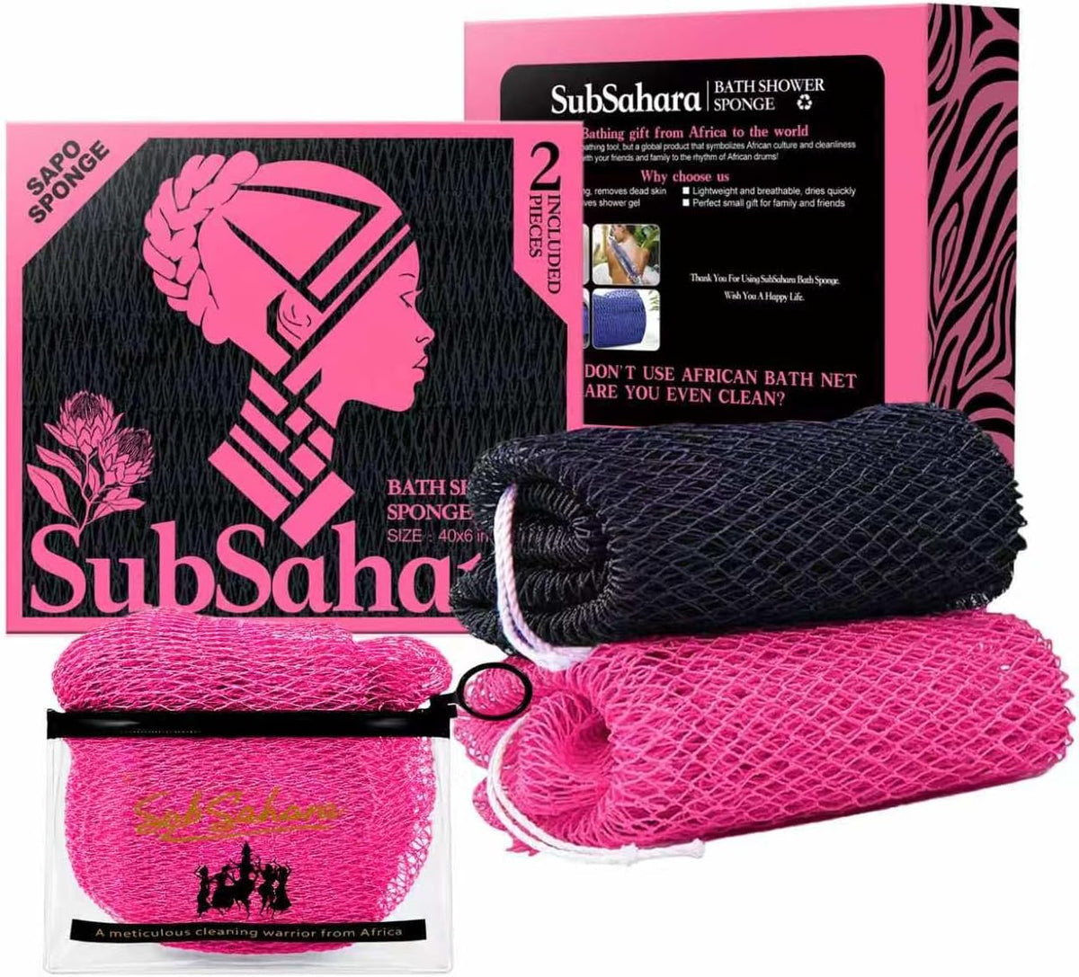 SubSahara African Net Sponge, 2 Pack 45-Inch Exfoliating Bath Scrubber