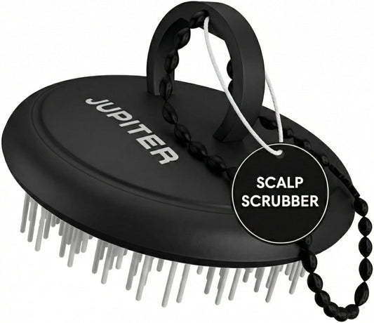 Jupiter Scalp Exfoliator - Scalp Massager Tool for Wet & Dry Hair - Ergonomic Detangler Brush - Dandruff Comb & Scrub to Remove Dandruff & Buildup and Support Circulation - Black/White