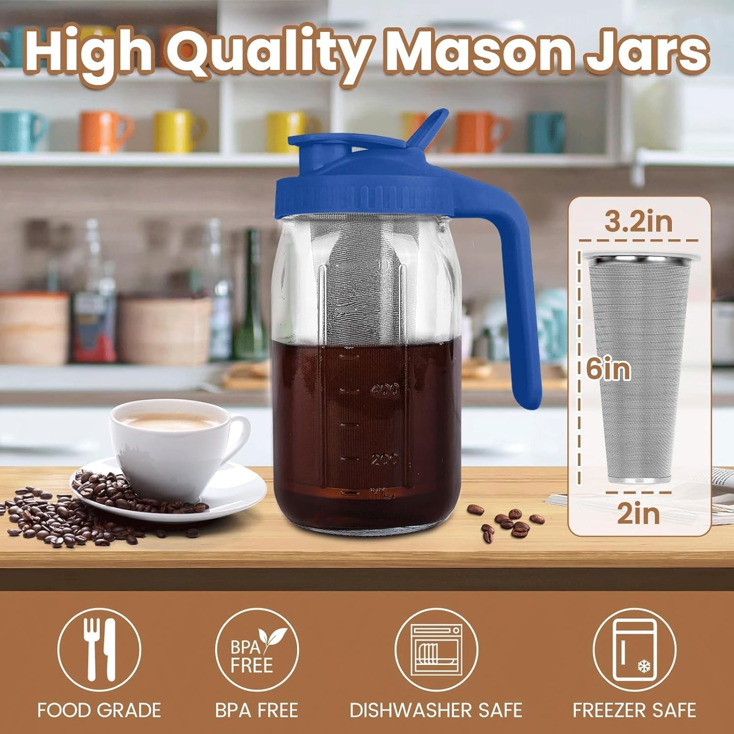 Cold Brew Coffee Maker,64 oz Mason Jar Pitcher with Stainless Steel Filter, Pour Spout Handle Lid, Heavy Duty Glass Airtight & Leak-Proof for Iced Coffee,Tea & Lemonade