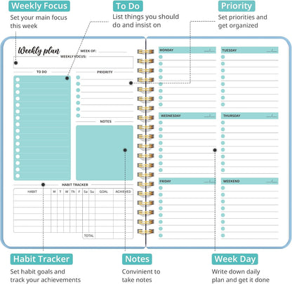 Taja Undated Weekly Planner, To Do List Notebook with Habit Tracker, A5