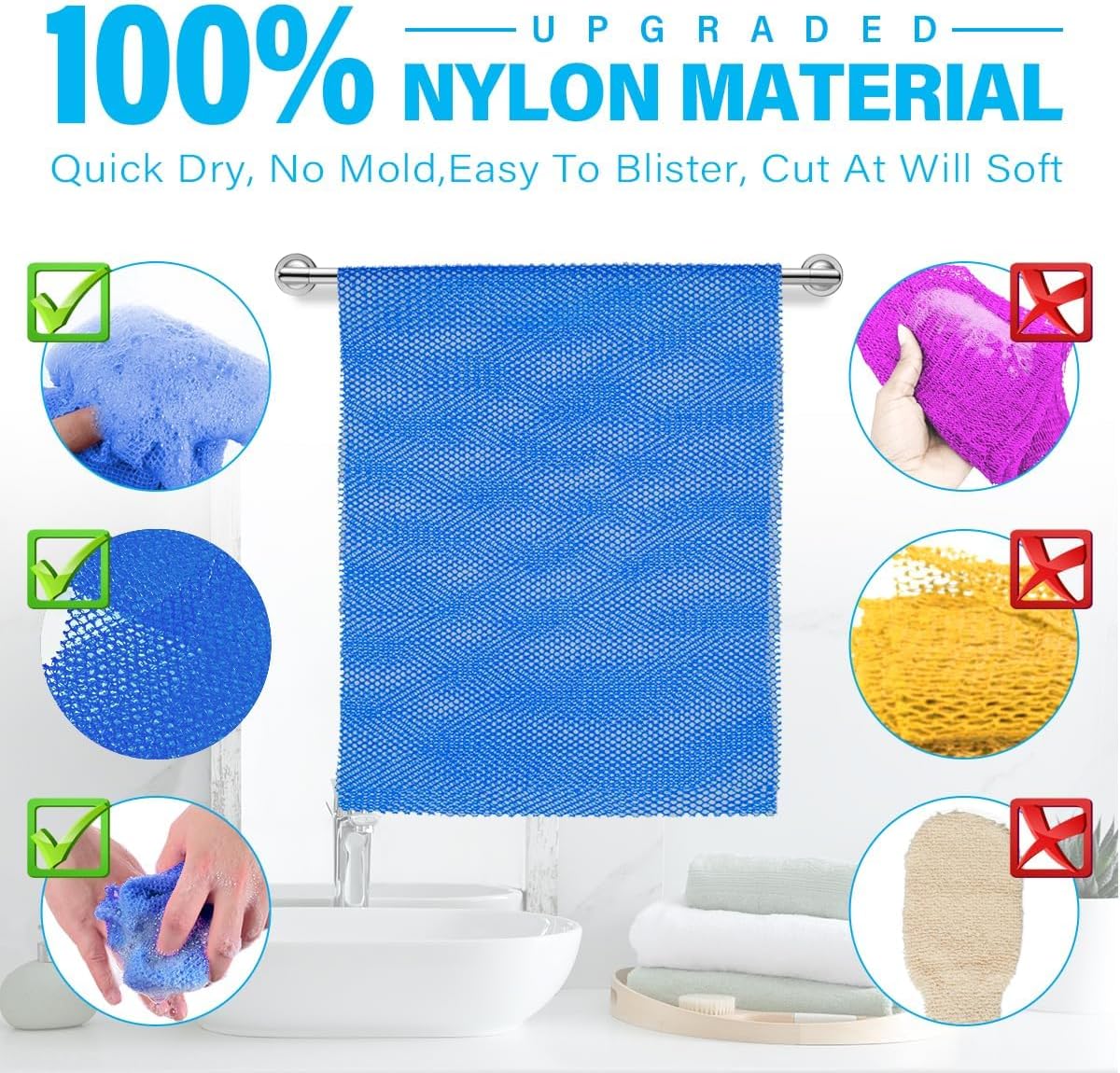 UJFQBH 3 Pieces African Bath Sponge African Net Long Net Bath Sponge Exfoliating Shower Body Scrubber Back Scrubber Skin Smoother,Great for Daily Use (Pink,Yellow,Purple)
