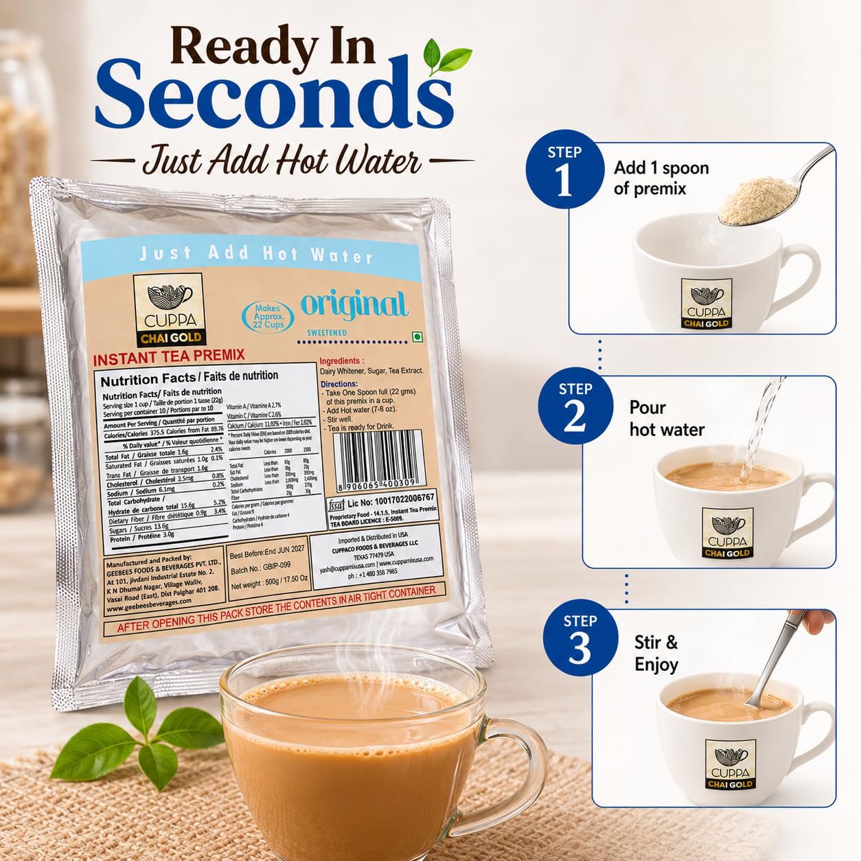 Chai Gold Instant Chai Tea Premix Powder - Sweetened Milk Tea Latte Mix for Home and Beverage Dispensers - [500g / 1.1 lb Bulk Bag] (Kadak)