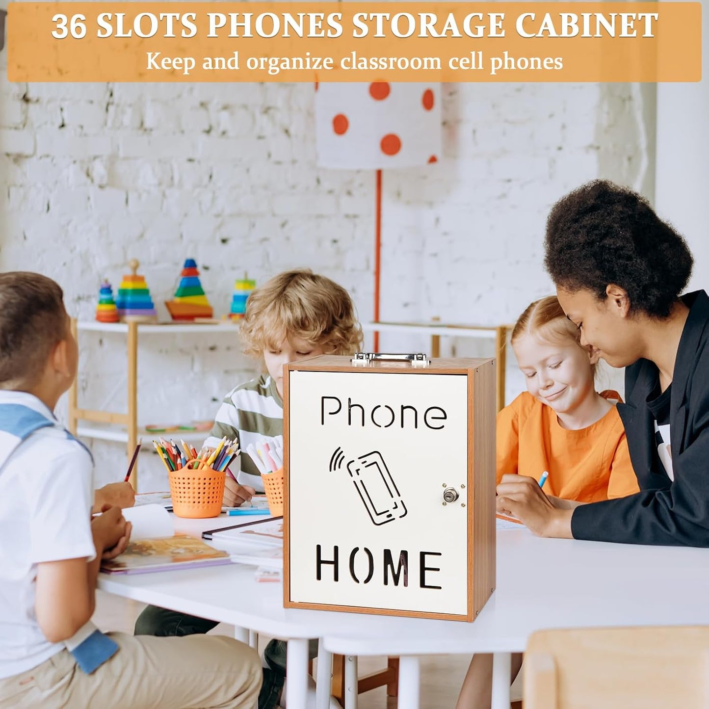 Cell Phone Holder Classroom 36 Slots Wooden Cell Phone Storage Cabinet Pocket Chart with Handle and Security Lock for Classroom Office (36 Grid Cabinet Black)