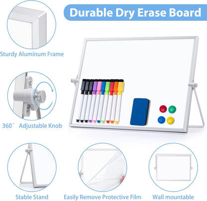 ARCOBIS Dry Erase White Board with Stand, 12" x 16" Weekly Double-Sided Desktop Whiteboard 10 Markers, 4 Magnets, 1 Eraser, Portable Magnetic Dry Erase Calendar for Planning, to Do List, Memo, School