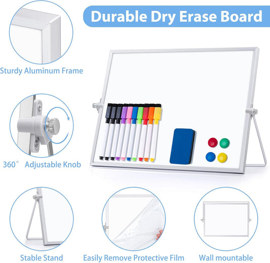 ARCOBIS Dry Erase White Board with Stand, 12" x 16" Weekly Double-Sided Desktop Whiteboard 10 Markers, 4 Magnets, 1 Eraser, Portable Magnetic Dry Erase Calendar for Planning, to Do List, Memo, School