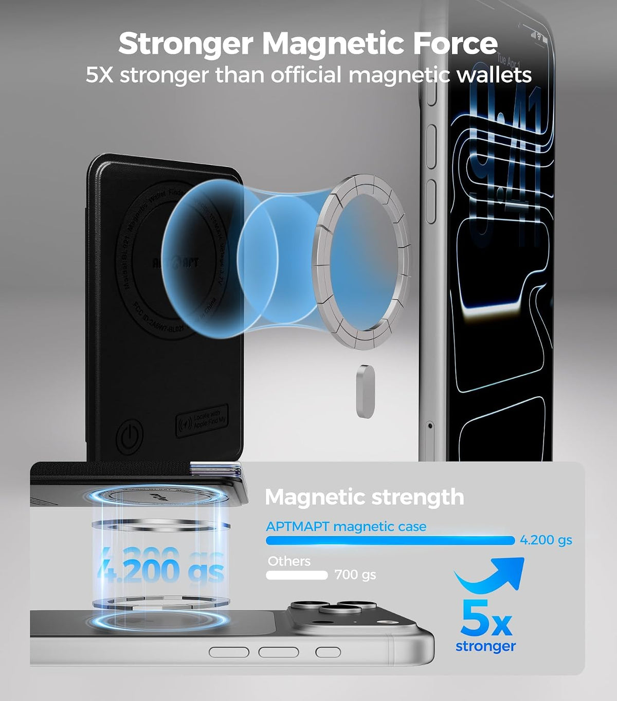 for MagSafe Wallet Works with Apple Find My, 5-Card RFID Holder with Pop-Up Strap, Strong Magnetic Wallet for iPhone 17/16/15/14/13/12 Pro Max Air Plus, Wireless Charging, Black