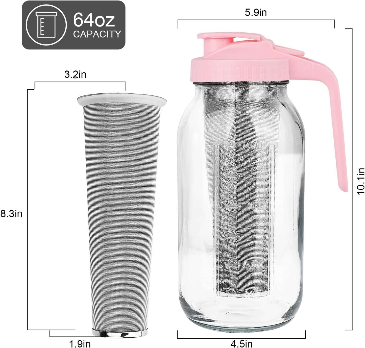 Cold Brew Coffee Maker,64 oz Mason Jar Pitcher with Stainless Steel Filter, Pour Spout Handle Lid, Heavy Duty Glass Airtight & Leak-Proof for Iced Coffee,Tea & Lemonade