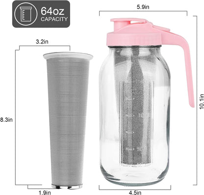 Cold Brew Coffee Maker,64 oz Mason Jar Pitcher with Stainless Steel Filter, Pour Spout Handle Lid, Heavy Duty Glass Airtight & Leak-Proof for Iced Coffee,Tea & Lemonade