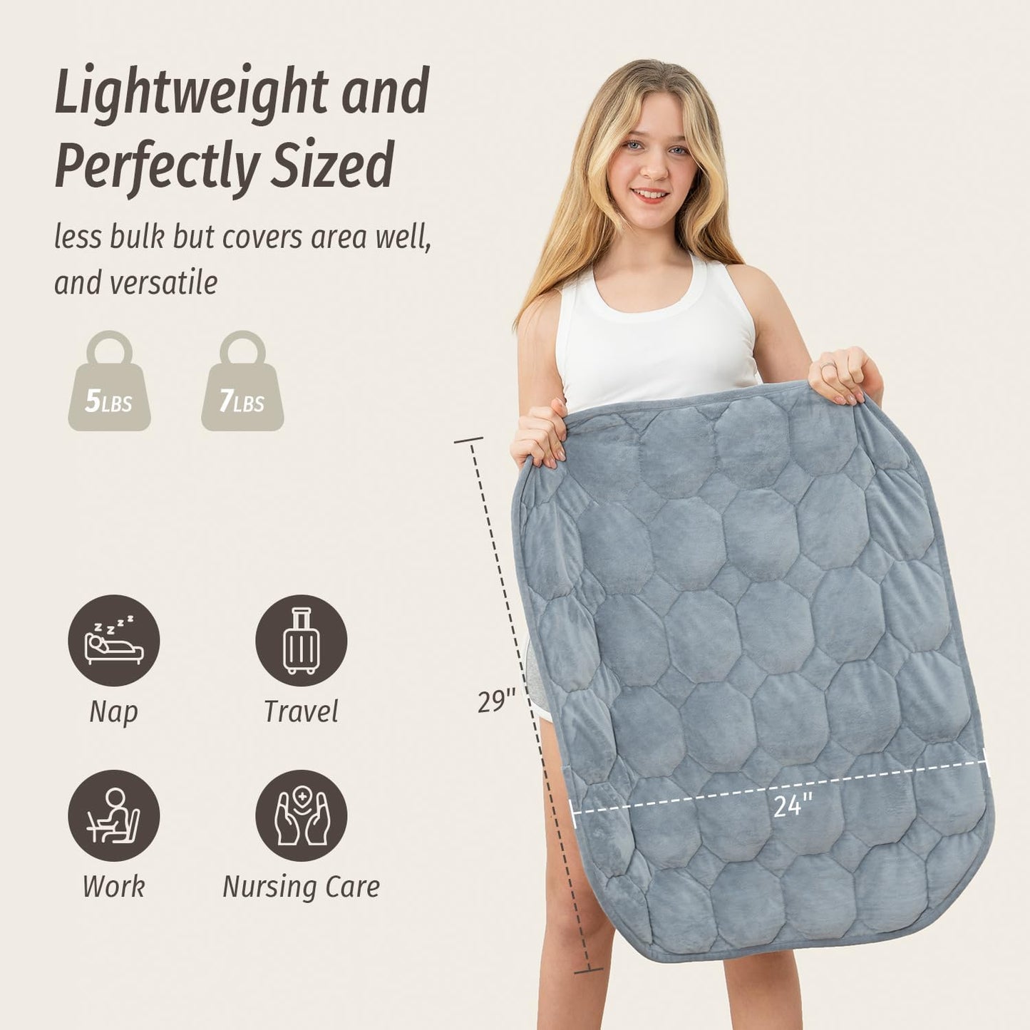 Wemore Weighted Lap Blanket 7lbs for Adults, Small Weighted Blanket Throw for Travel, Soft Weighted Lap Pad for Relaxation, Calming, Napping and Sleeping, Machine Washable, Light Grey 29" x 24"