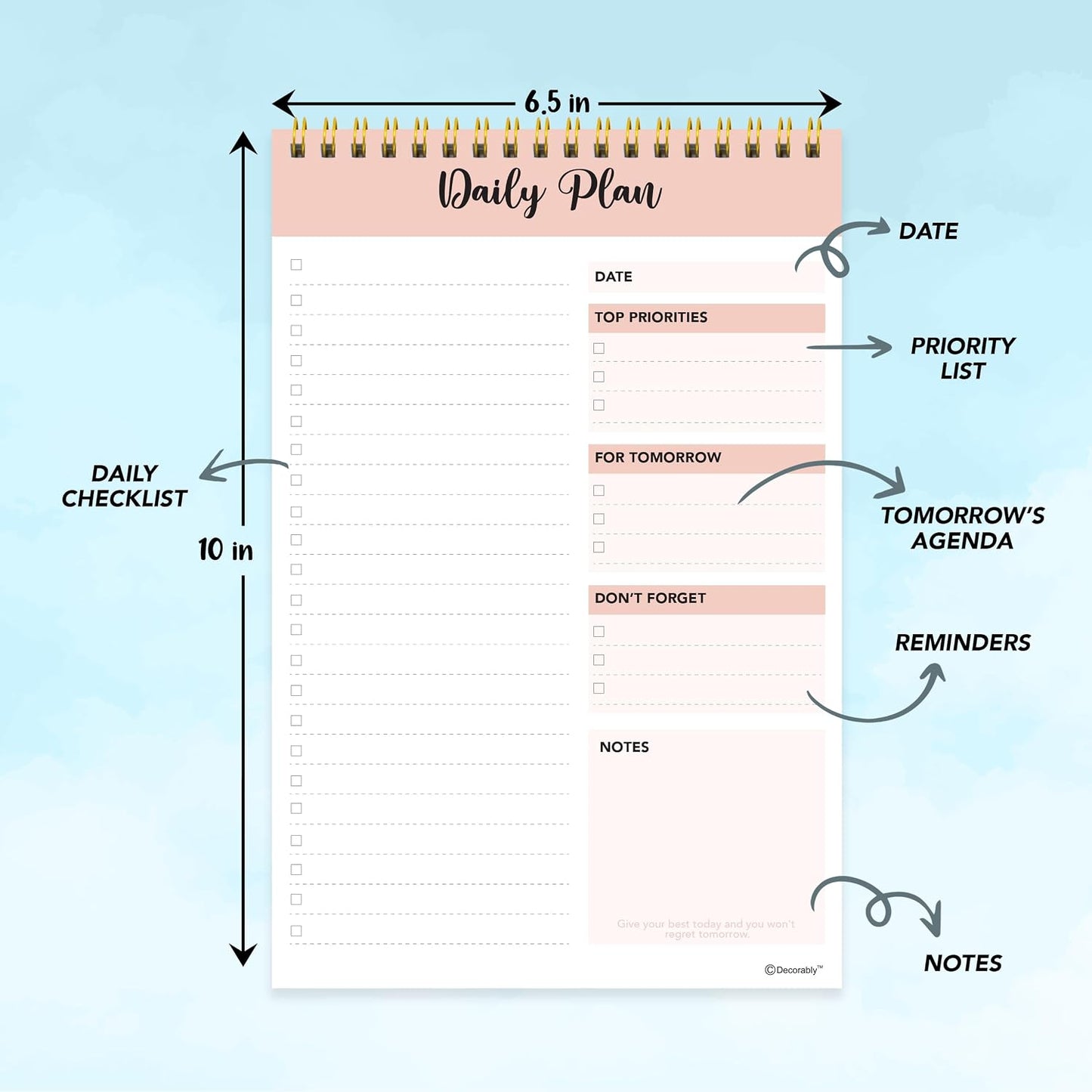 Decorably 52 Sheets Boho Undated Daily to Do List Notepad, 6.5x10in Spring-Bound Planner Pad, Easy Tear-Off Design, with Priorities, Checklist, Agenda, Reminders, Notes - Home, School, Office