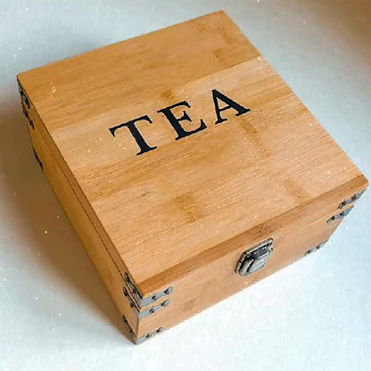 Tea Organizer Box Food Safe Chemical Free Bamboo Wood Storage Chest Big, Tall, Adjustable Cubbies (8-Slot 14.3" x 8.1" x 4.2" with TEA print design)
