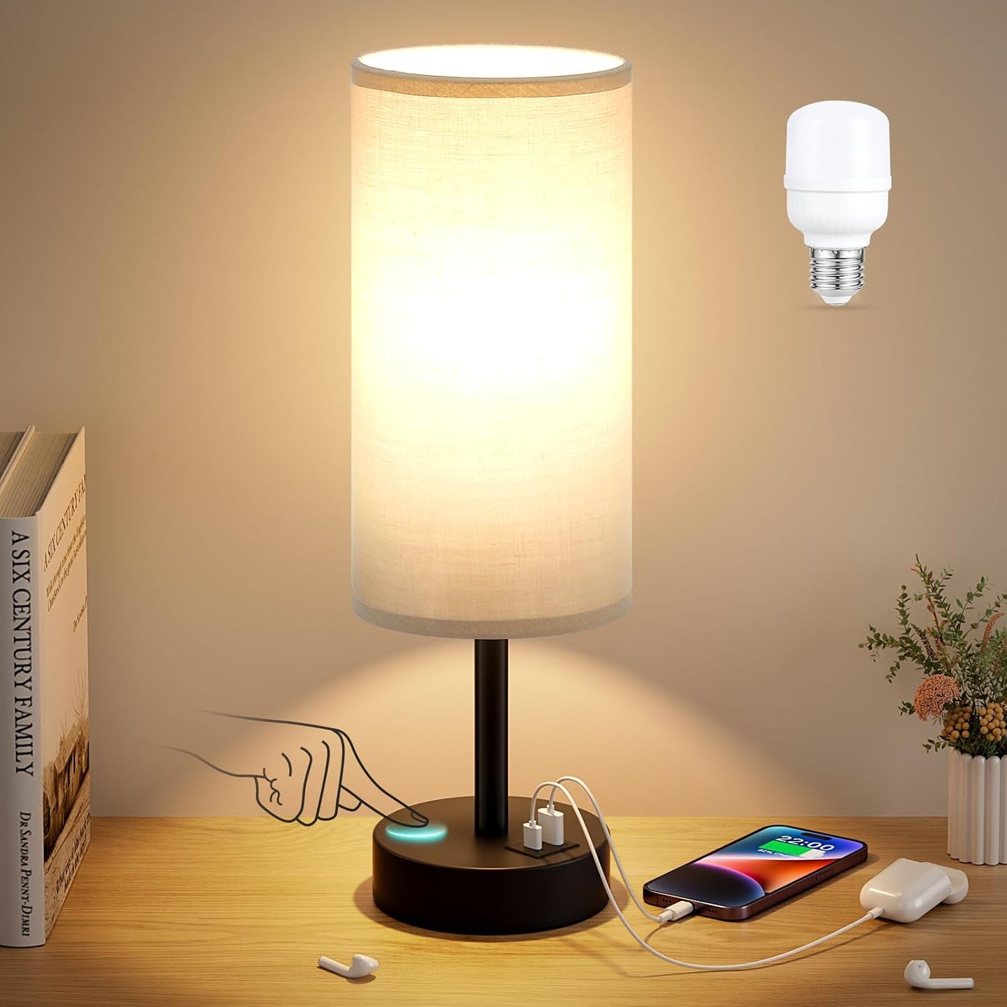Dicoool Touch Bedside Table Lamp with USB - 3 Way Dimmable Wood Lamp for Bedroom Nightstand, Desk Lamp with Charging Station for Dorm, Living Room, Office, Kids Room, Small, 14in