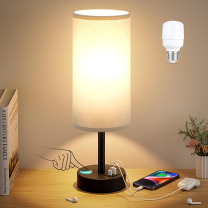 Dicoool Touch Bedside Table Lamp with USB - 3 Way Dimmable Wood Lamp for Bedroom Nightstand, Desk Lamp with Charging Station for Dorm, Living Room, Office, Kids Room, Small, 14in