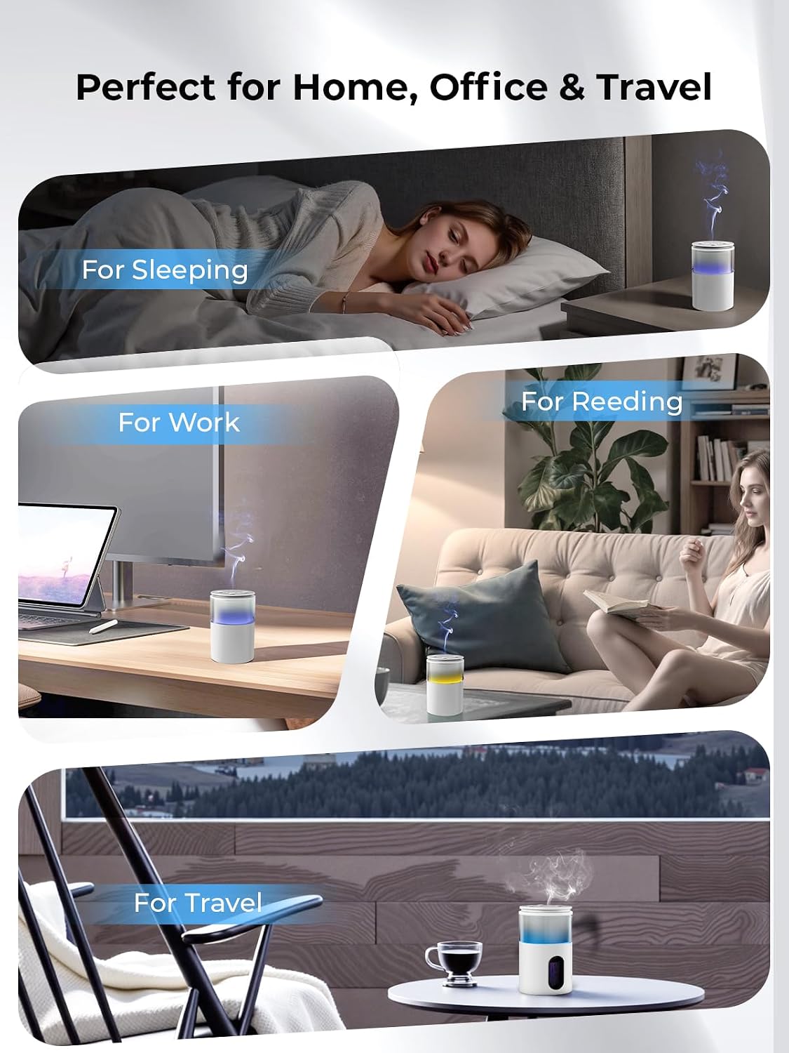Waterless Essential Oil Diffuser: 𝟗 𝐂𝐨𝐥𝐨𝐫𝐬 𝐋𝐄𝐃 Scent Diffuser for Home&Car&Office - Portable Diffuser with 48H Battery, 4 Timers & 3 Mist Levels, Carbon Black