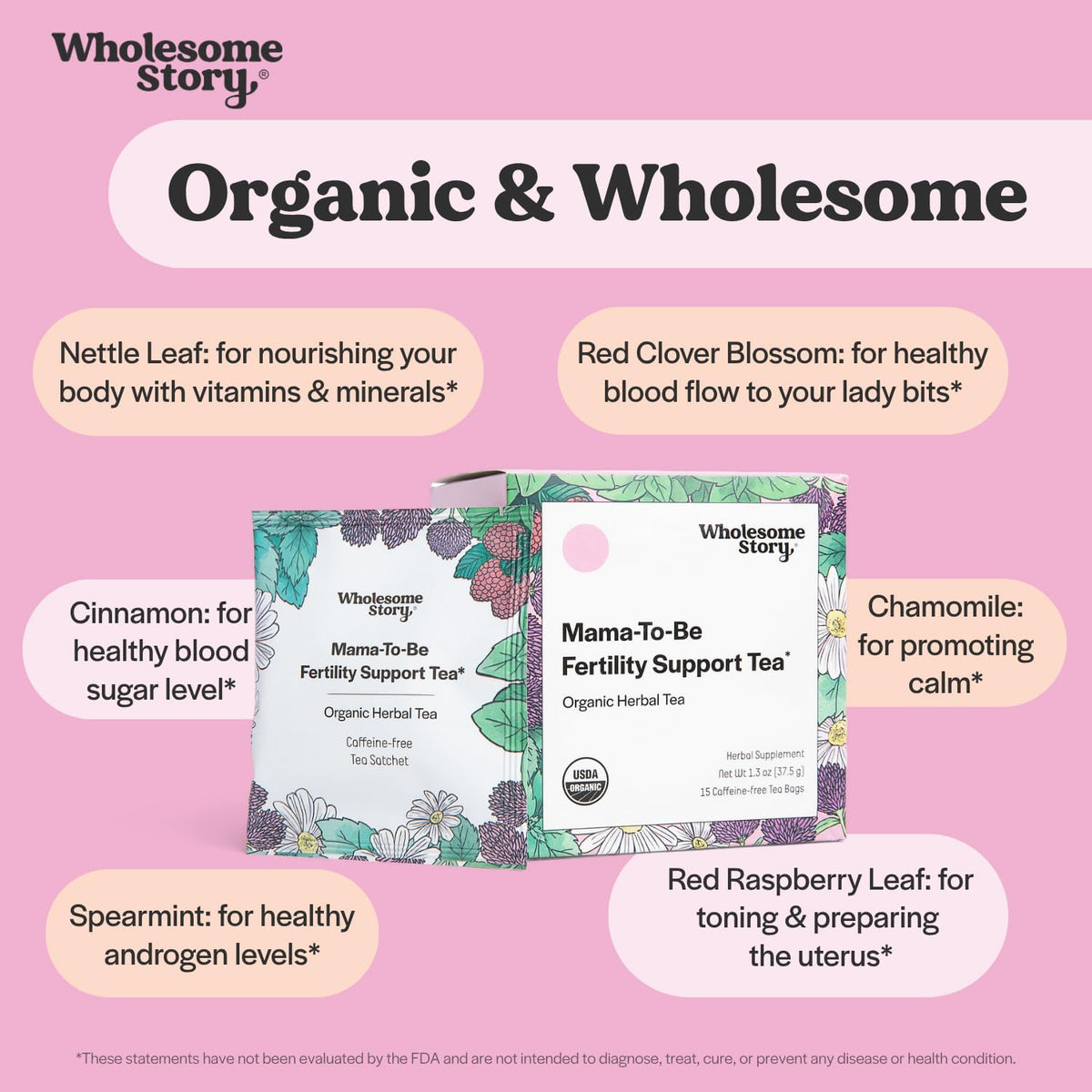 Organic Fertility Tea for Women w Red Raspberry Leaf, Cinnamon Bark, Spearmint & Nettle Leaf, Chamomile & Red Clover | 15 Pyramid Sachet