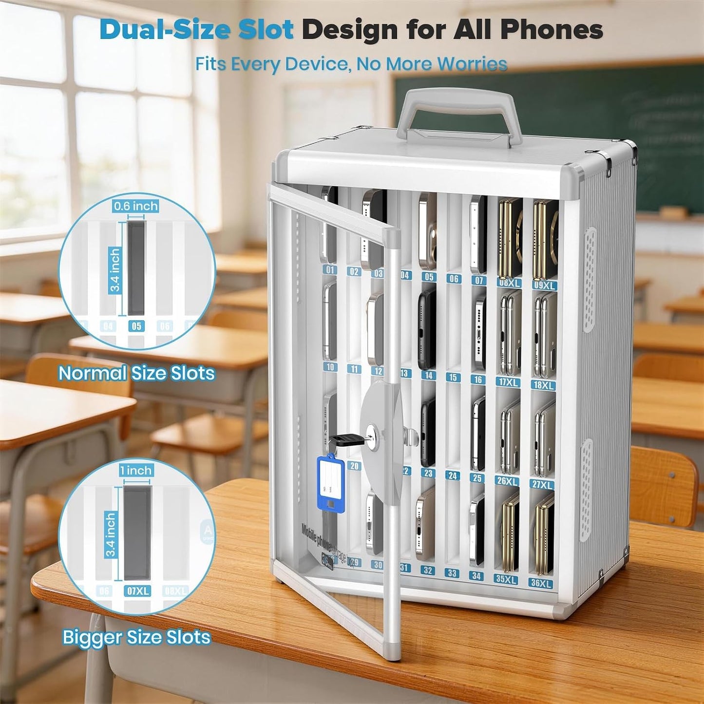 24 Slots Cell Phone Locker, Classroom Phone Storage Cabinet with Key, 【Wall Mounted】 【Aluminum Alloy】 Phone Lock Box, Mobile Phone Lockbox with Handle for School Office Exam(Silver)