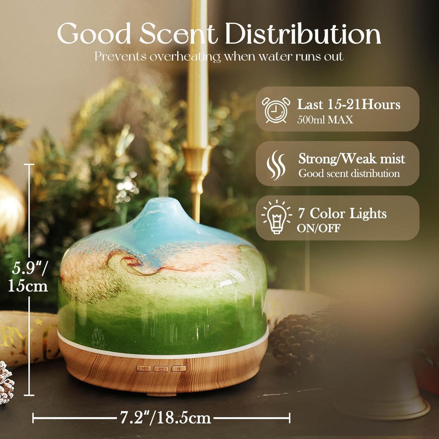 Porseme 500ml Glass Essential Oil Diffuser Aromatherapy Ultrasonic Cool Mist Humidifier 15-21 Running Hours Waterless Auto-Off Air Diffusers for Sleeping Yoga Working Spa(Light Blue)