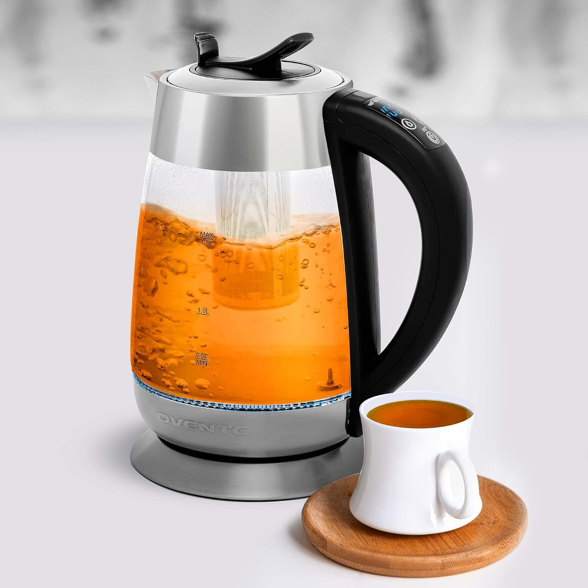 OVENTE 1.8L Glass Electric Kettle with Tea Infuser, Silver KGD752S