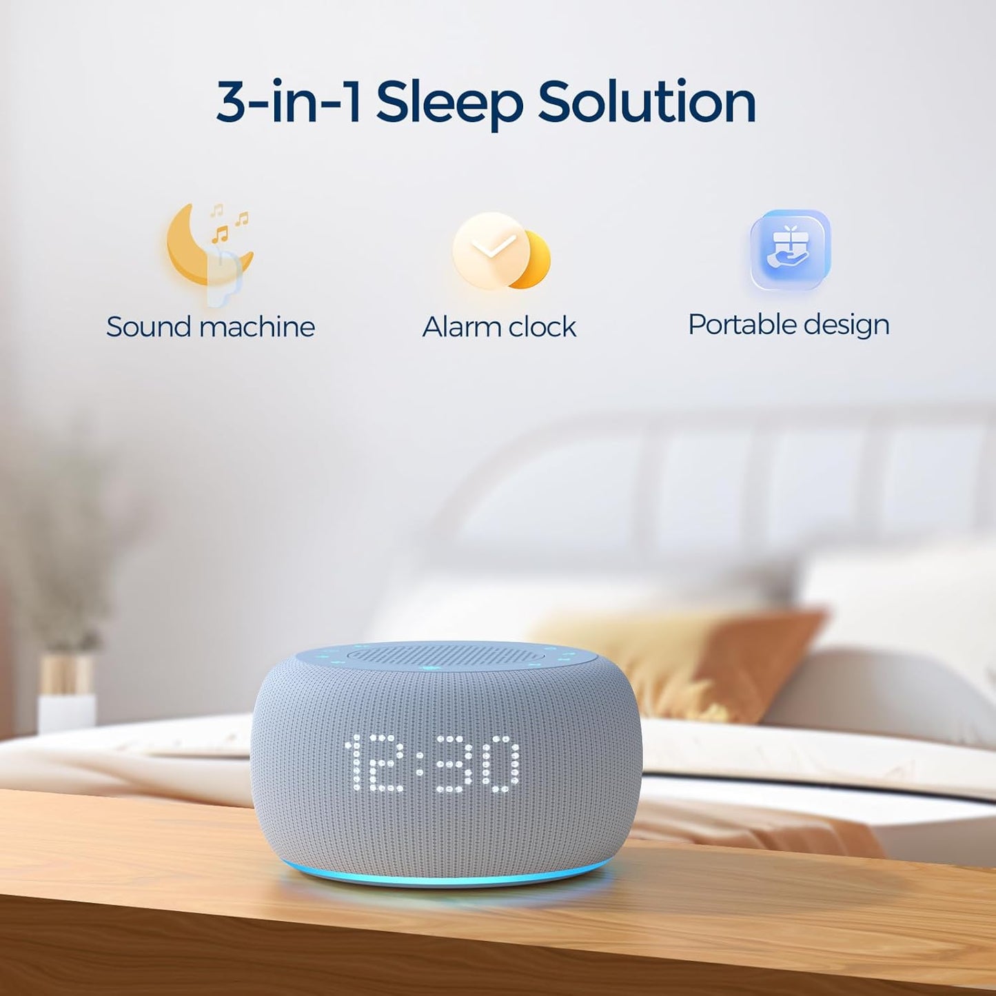 Buffbee Alarm Clock with Sound Machine for Bedrooms – 2-in-1 White Noise Machine for Sleep, Gentle Wake-Up with Soft Alarm Sounds, Ambient Night Light, Plug-in, Sleep Better, Wake Gently