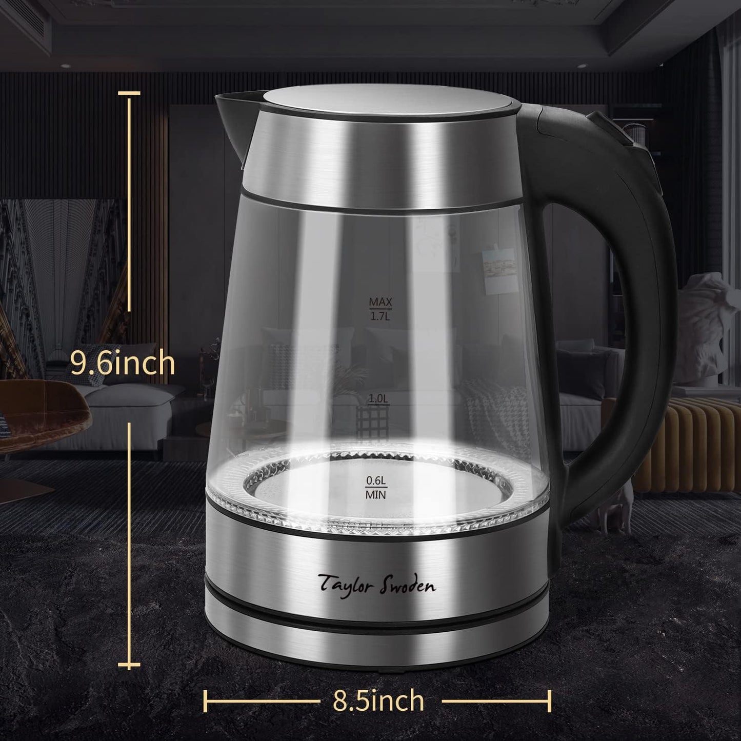 Taylor Swoden 1.7L Electric Tea Kettle, Glass Hot Water Boiler for Tea