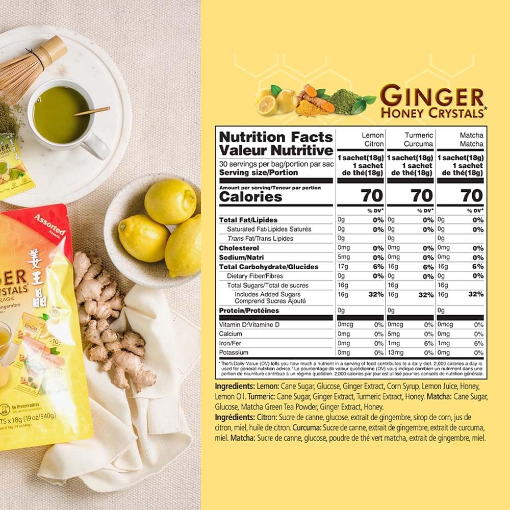 Prince of Peace Instant Ginger Honey Crystals Assorted, 30 Sachets – Instant Hot or Cold Beverage that Soothes Throat – Easy to Brew – Drink Like a Tea – Gluten Free – Real Ginger