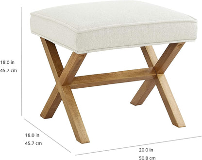 Amazon Basics Small Ottoman Foot Rest, Mid-Century Modern X Square Polyester Foot Stool, Linen, Ivory White, 18" D x 19.8" W x 18.3" H