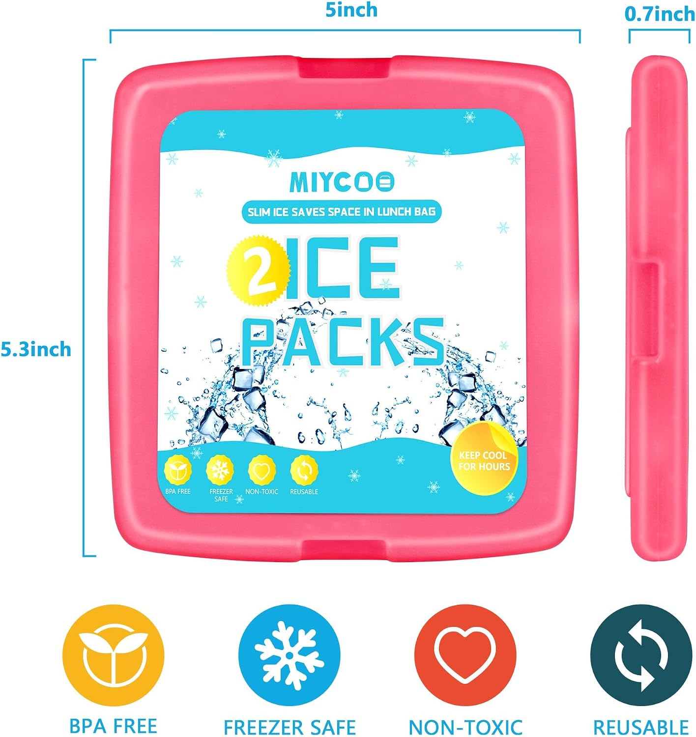 MIYCOO Ice Packs for Lunch Boxes & Coolers - Quick Freeze Ice Pack Space Saving Freezer Packs - Reusable Slim Original Cool Pack - Cooler Accessories for Beach, Camping and Fishing