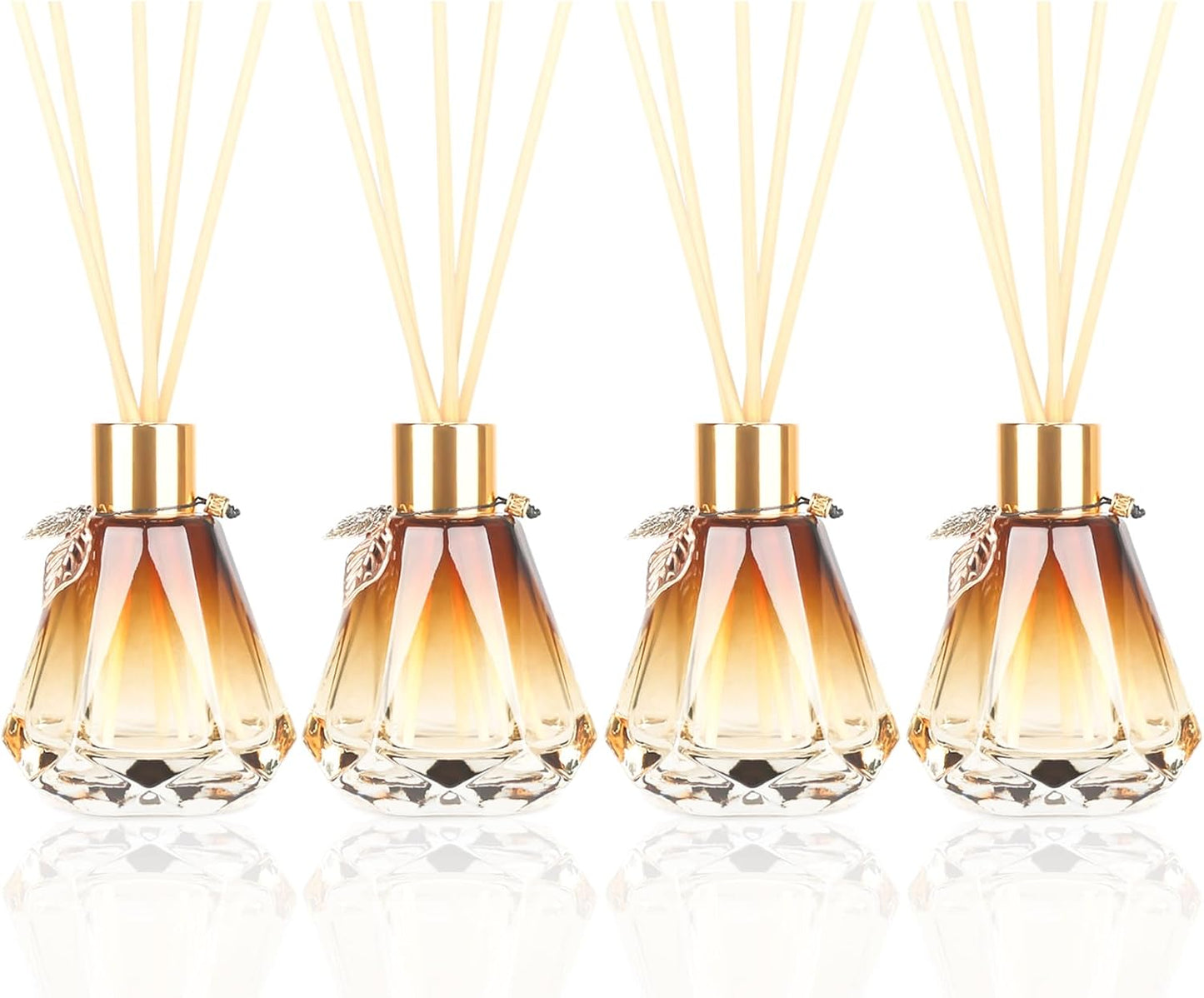 Reed Diffuser Set - 4 Empty Bottles with 20 Sticks, Delicate Gold Leaf Decor, Glass Fragrance Diffuser with Lids for Home, Bathroom | Refillable, Diamond Style (4 PCS Black)