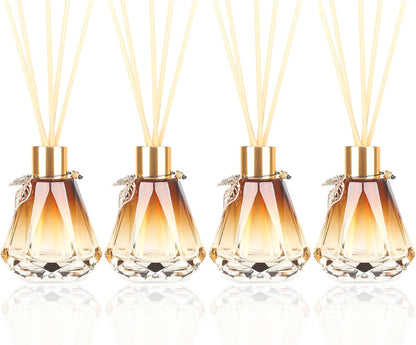 Reed Diffuser Set - 4 Empty Bottles with 20 Sticks, Delicate Gold Leaf Decor, Glass Fragrance Diffuser with Lids for Home, Bathroom | Refillable, Diamond Style (4 PCS Black)