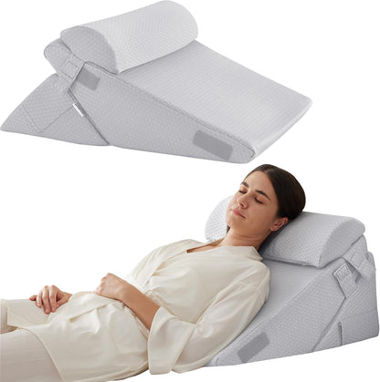 Bedluxe Wedge Pillow Headboard, 3PCS Orthopedic Bed Wedge Pillows Set for After Surgery, Adjustable Pillow Wedge for Acid Reflux&Back Pain Relief, Sleeping, Back Pillow for Bed Sitting Up, White/Grey