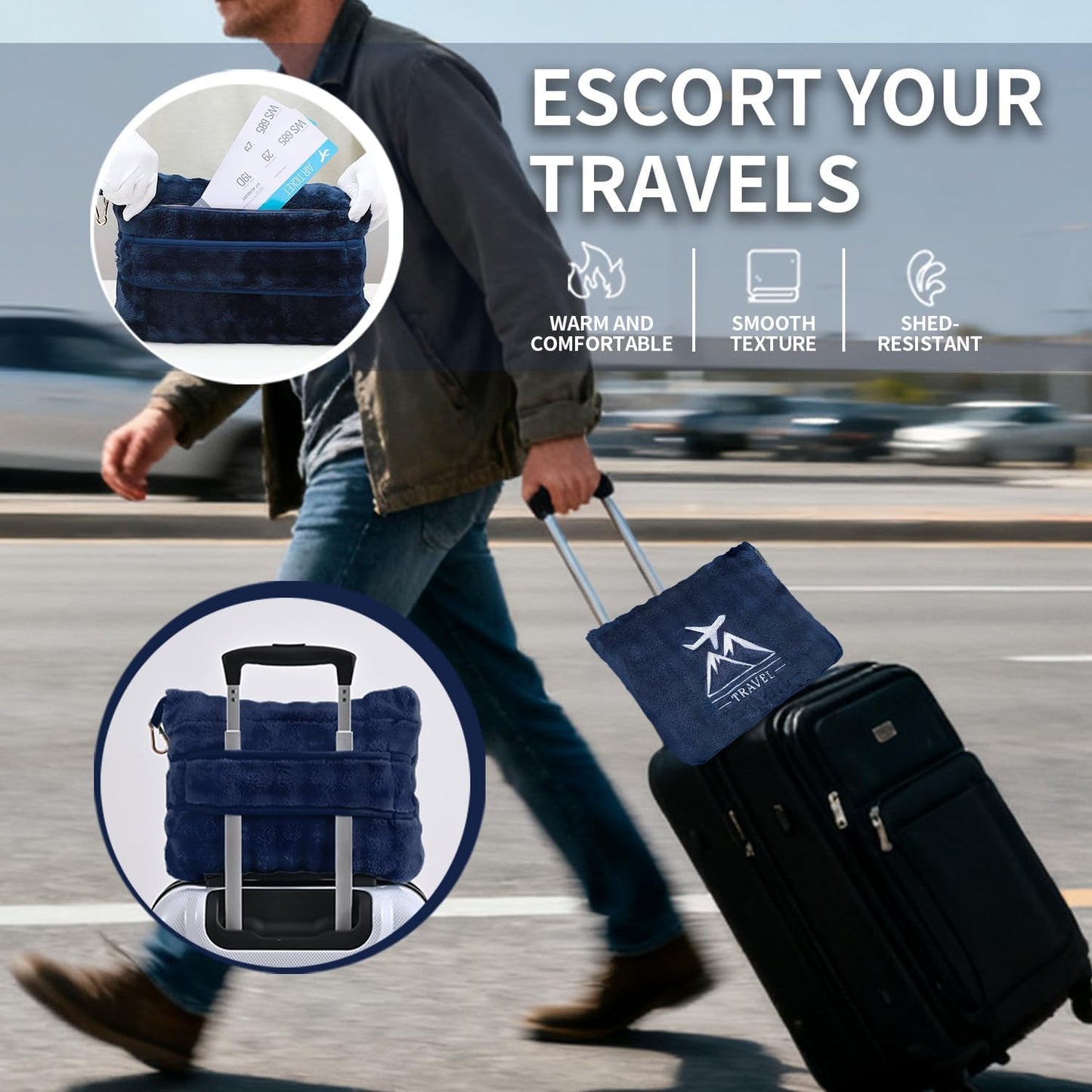 Travel Blanket and Pillow-2-in-1, Ultra-Soft&Compact, Airplane Blanket with Hand Luggage Belt and Backpack Clip,Travelers Accessories Gifts, 61x43 Inches(Pink